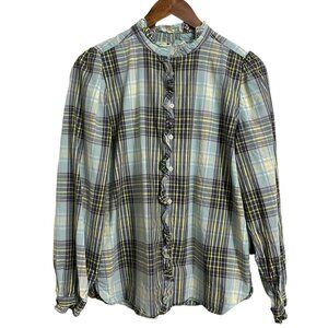 LOFT Women's Blue Green Plaid Ruffle Long Sleeve Button Cottagecore Shirt Medium